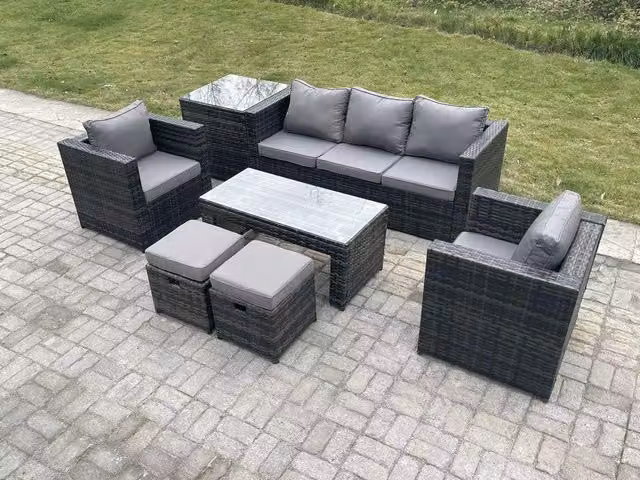 Fimous Lounge Rattan Sofa Set with Oblong Rectangular Coffee Table in Dark Grey