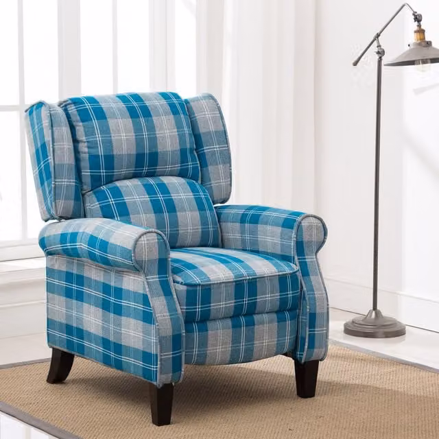 More4Homes Eaton Wing Back Checked Fabric Pushback Recliner Armchair in Blue