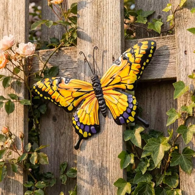 Betley Butterfly Large Metal Wall Art Garden Fence Decoration in Yellow and Orange