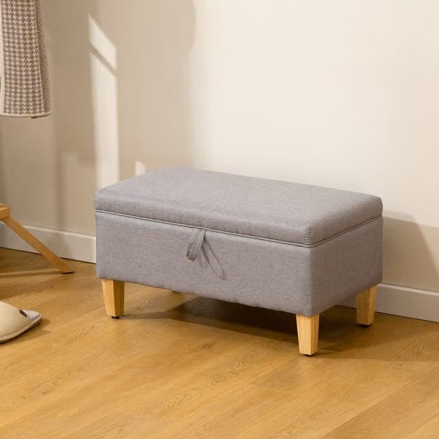 HOMCOM Linen Storage Ottoman Padded Footstool with Rubberwood Legs, Light Grey, W/D/H: 71.0 x 37.0 x 36.0 cm