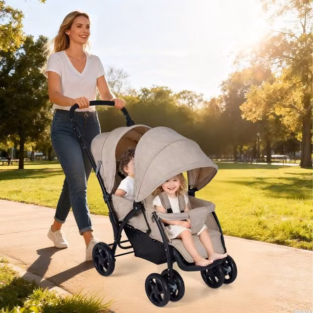 Costway Foldable Double Seat Baby Stroller with Suspension and Adjustable Handle, Brown