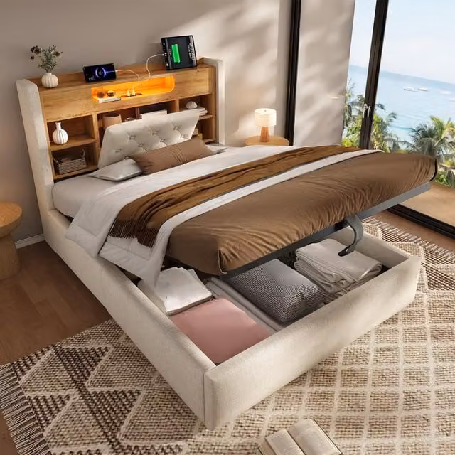 Aosom UK Upholstered Double Bed Frame with Hydraulic Storage and LED Lighting, Beige, W/D/H: 143 x 213 x 115 cm