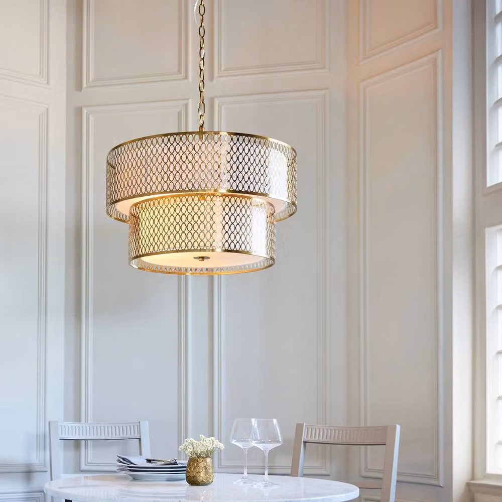 Netlighting Cordero Cylindrical Pendant Light in Gold and White with Fabric and Frosted Glass – 2