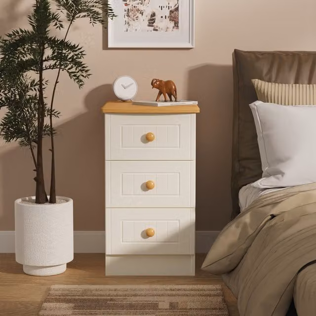 Warwick Ready Assembled 3 Drawer Bedside Cabinet in Cream Ash and Modern Oak