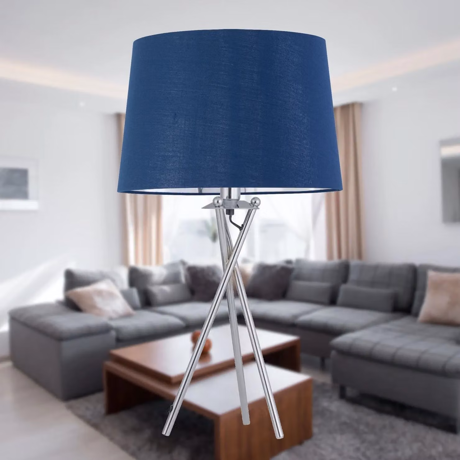 First Choice Lighting Tripod Chrome Lamp with Navy Blue and Silver Fabric Shade – 4