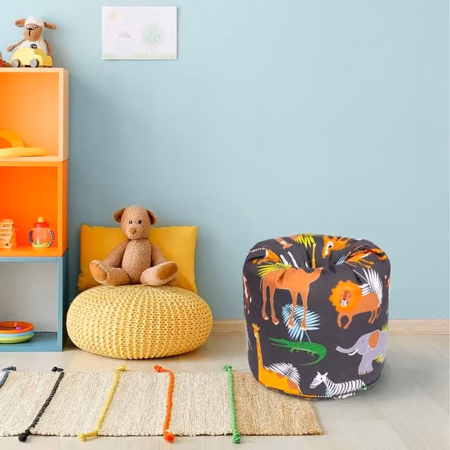 Ready Steady Bed Kids Round Bean Bag Chair in Africa Animal Print, Brown and Multicolour Fabric