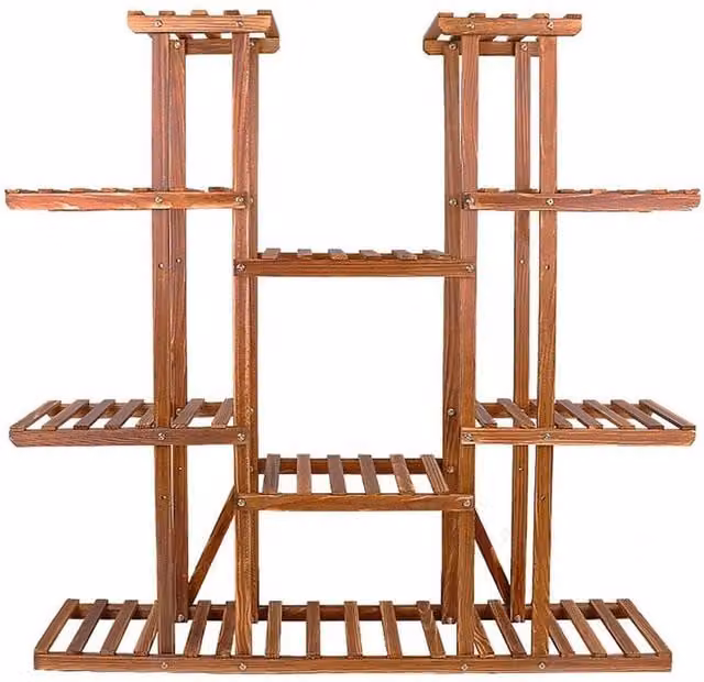 Kelvenix Multi Tier Brown Pine Wood Flower Rack and Garden Plant Stand Shelves – 1