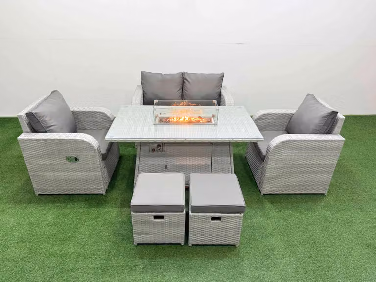 Fimous 6 Seater Grey PE Wicker Rattan Garden Furniture Set with Reclining Chairs, Firepit Dining Table and 2 Small Stools