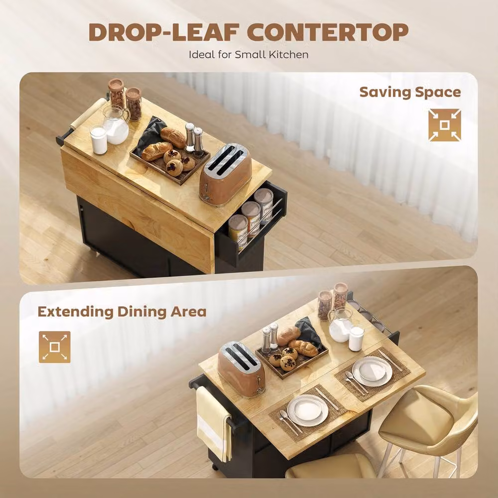STILVORA Modern Black Kitchen Island with Rubberwood Drawers and Drop Leaf – 5