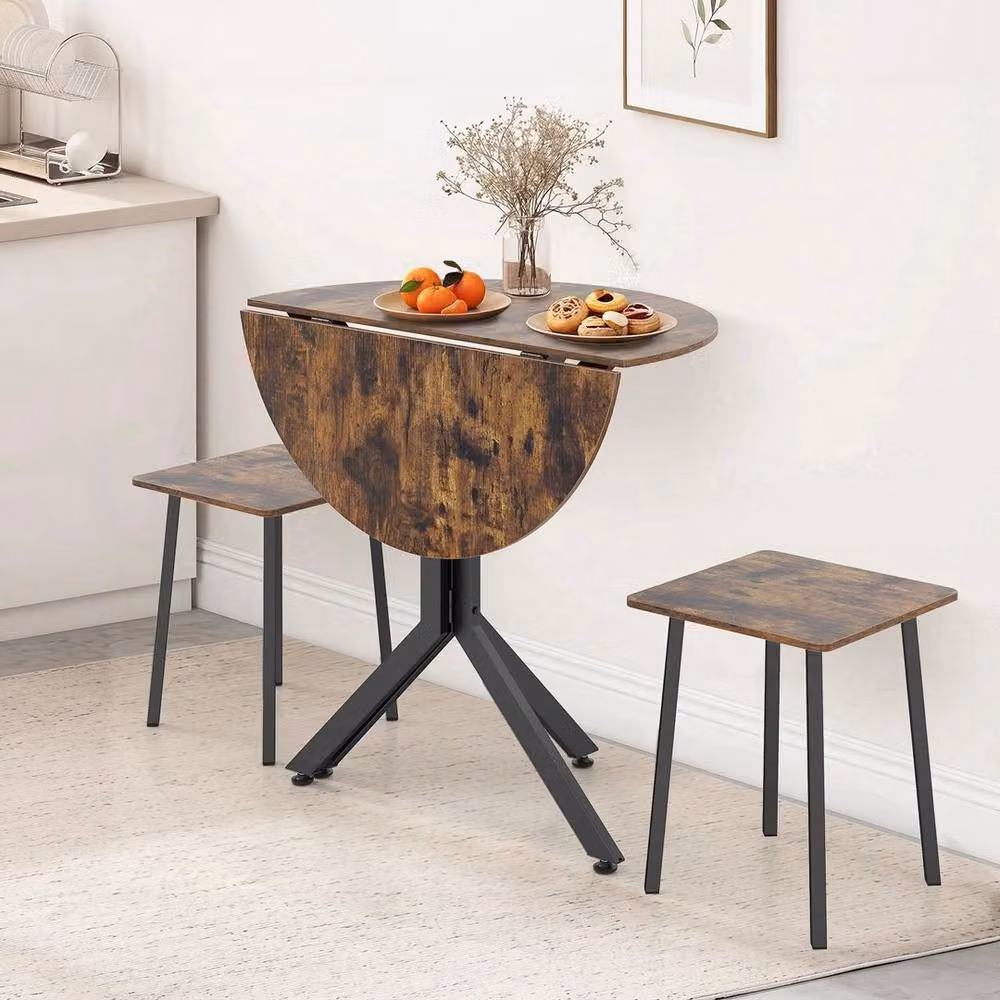 VOGREX 3-Piece Round Drop Leaf Dining Set with Table and 2 Stools in Brown – 3