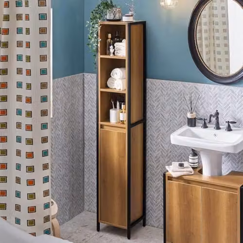 SoBuy Tall Slim Bathroom Storage Cabinet in Brown and Black, Freestanding Industrial Style Unit with Hinged Doors and Internal Shelves, W/D/H: 30 x 28 x 168 cm – 2