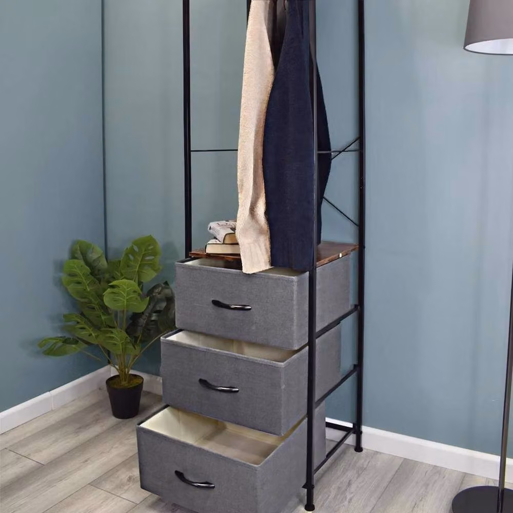 KORVIXA Black Metal Industrial Hallway Coat Storage Rack with Bench and Dark Grey Fabric Drawers, Width: 100 cm – 3