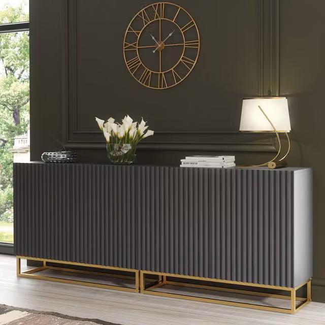Creative Furniture Ripple Duo Sideboard in Dark Grey with Gold Details, Modern Fluted Design, W: 200 cm, H: 80 cm, D: 35 cm – 1