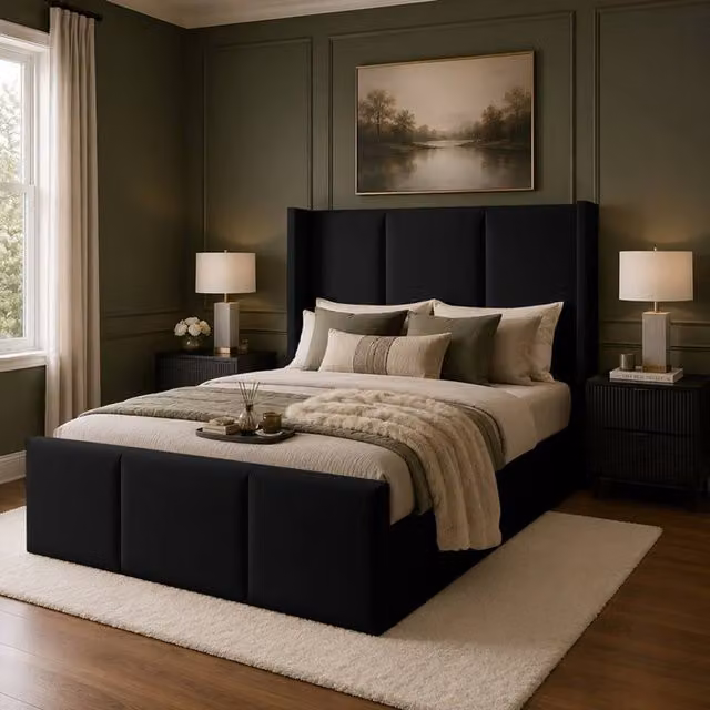 Desire Deco Luxury Grayson Wingback Upholstered Bed Frame in Black, Super King Size