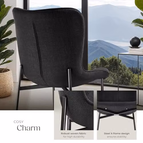 tectake Set of 6 Scandi Style Dining Chairs in Black Woven Fabric with Ergonomic High Backrest and Steel Legs – 7