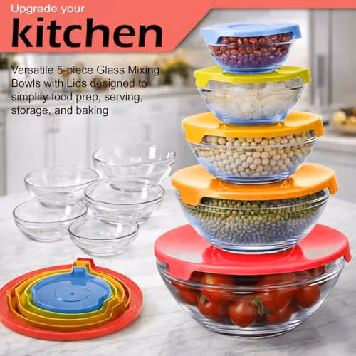 ATEK 5 Piece Airtight Glass Food Storage Container and Mixing Bowl Set with Lids, Stackable and Nestable, Multicolour and Transparent – 9