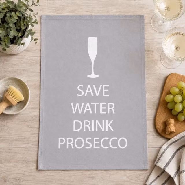 60 Second Makeover Grey Save Water Drink Prosecco Cotton Tea Towel