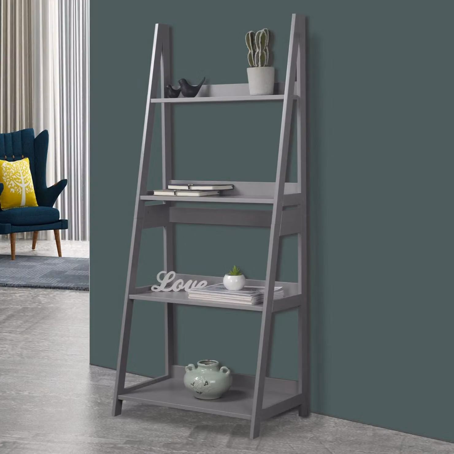 EONLION Modena 4-Tier Wooden Ladder Rack Display Stand and Storage Shelf, Black, H 150 cm x W 63 cm x D 39 cm – 2