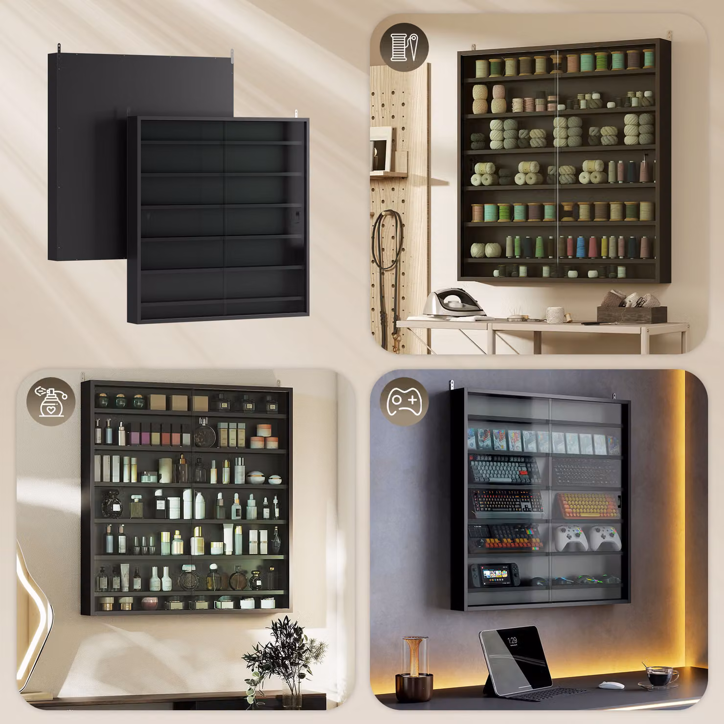 HOMCOM 7-Tier Wall Mounted Display Shelf Unit with Glass Doors and 6 Adjustable Shelves, Black, W: 80 cm, H: 83 cm – 7
