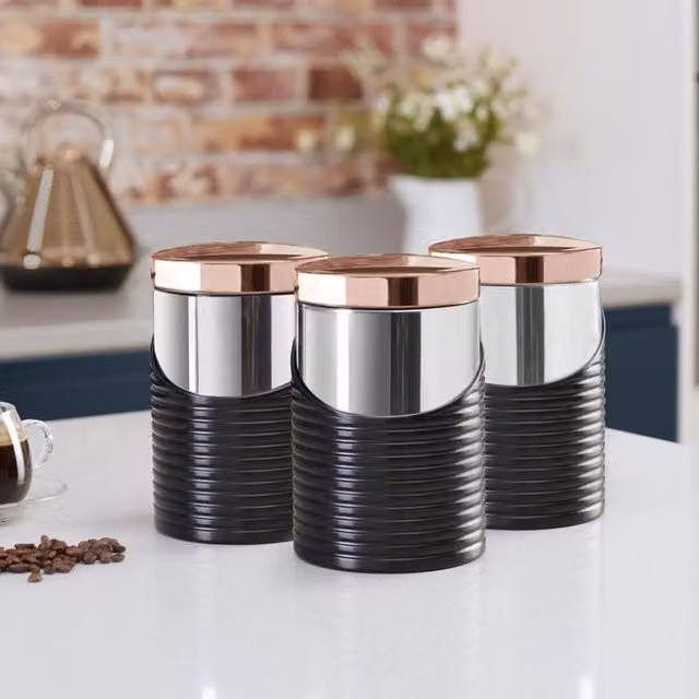 Tower Set of 3 Airtight Linear Storage Canisters in Black and Gold with Stainless Steel Striped Design – 1