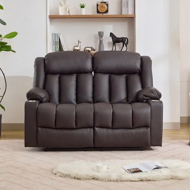 Sheridan 2 Seat Manual Recliner Sofa in Brown with Cup Holders and Synthetic Leather Upholstery