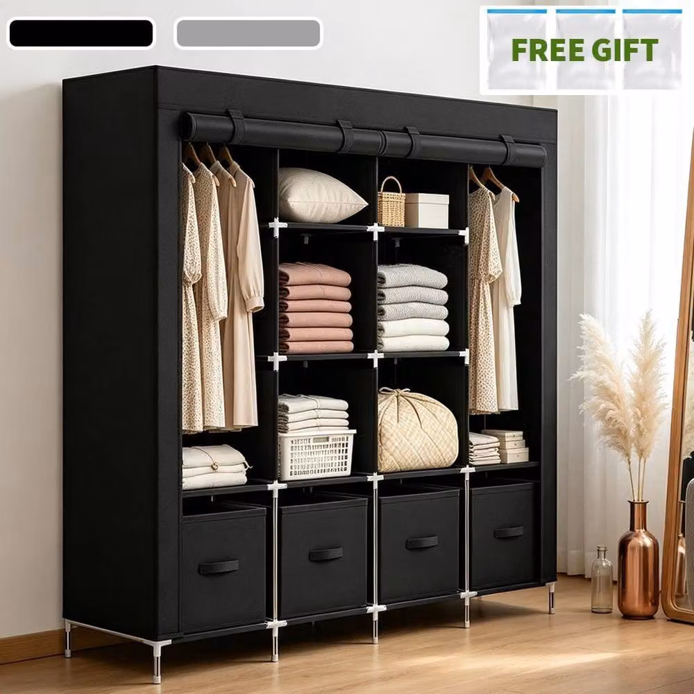 FORGEVIO Black Fabric Canvas Wardrobe with Hanging Rail and Integrated Drawers – 2