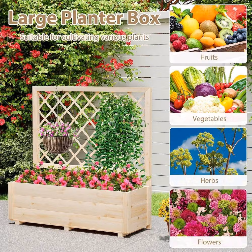Gymax Wooden Raised Garden Bed with Lattice Trellis in Natural Brown and Beige, Height: 104 cm – 6