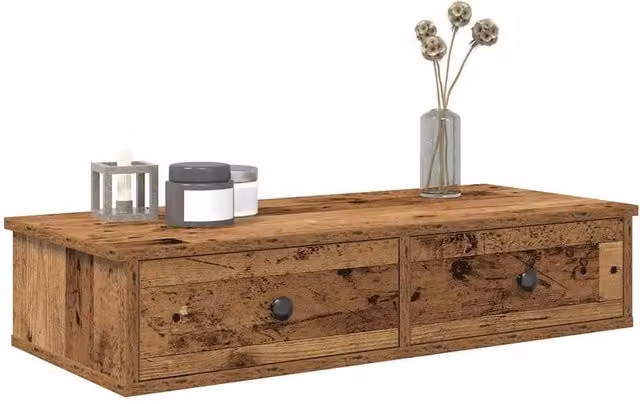 Berkfield Home Wall Shelf with Drawers in Old Wood Brown, W: 80 cm, D: 31 cm, H: 17 cm – 1