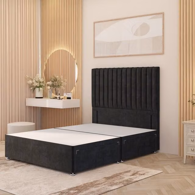 Somnior Beds Ltd Verona Divan Bed Base with Drawers and Upholstered Velvet Headboard, Black, W/D/H: 200 x 200 cm