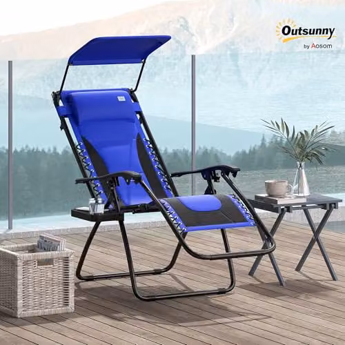 Outsunny Zero Gravity Lounger Chair with Sun Canopy and Adjustable Headrest in Blue – 2