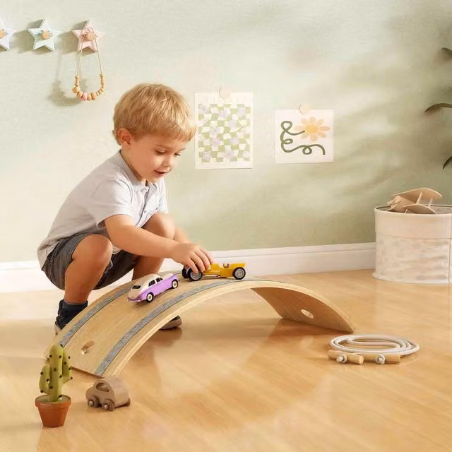 AIYAPLAY Kids Wooden Wobble Board with Rope and Felt in Natural Wood Finish
