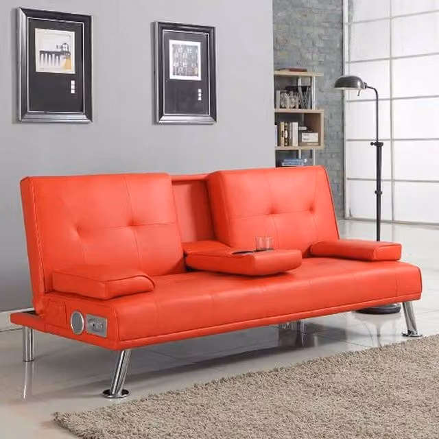 Comfy Living Red Faux Leather Bluetooth Cinema Sofa Bed with Cup Holders