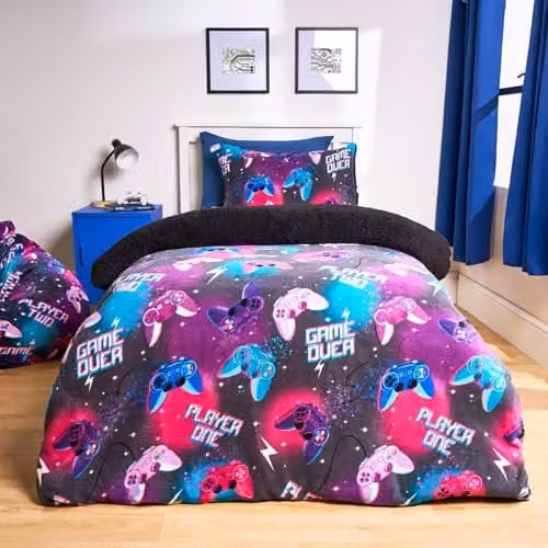 OHS Single Gaming Fleece Bedding Set with Reversible Duvet Cover and Pillowcase, Multicolour, W/D/H: 135 x 200 cm – 1