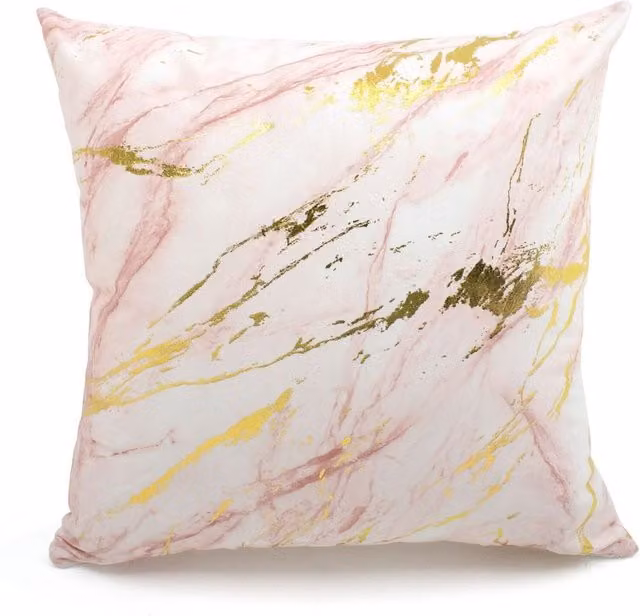Velosso Pink Metallic Marble Printed Plush Square Cushion with Removable Washable Cover