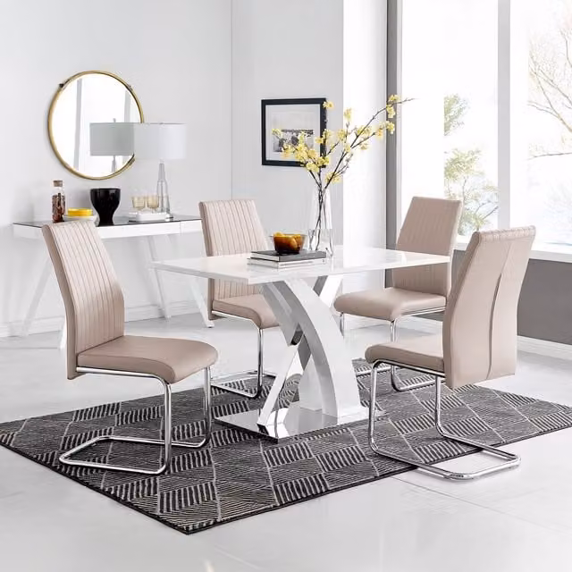 FurnitureboxUK Atlanta White High Gloss Rectangular Dining Table with X-Frame Legs and 4 Beige Faux Leather Lorenzo Dining Chairs Set – 1