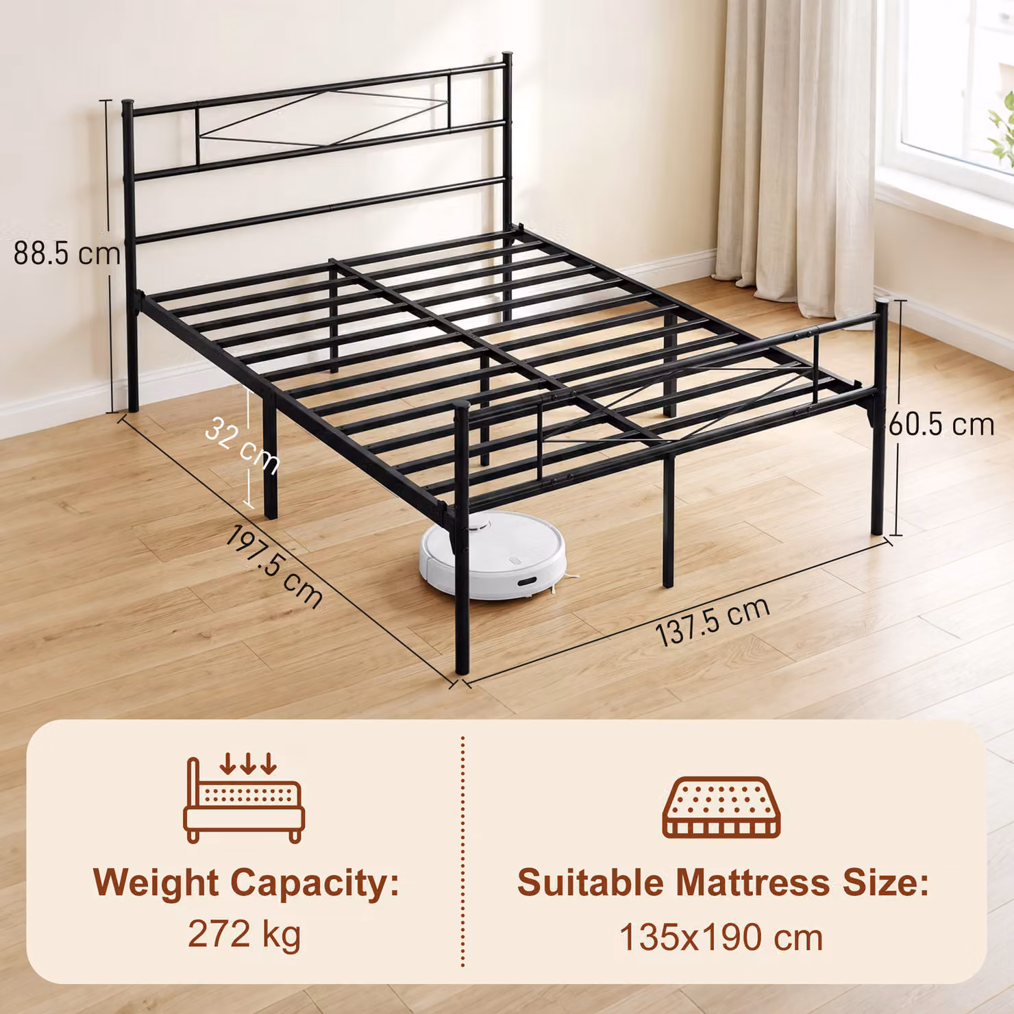 HOMCOM Black Metal Double Bed Frame with Headboard and Footboard, W/D/H: 140 x 200 x 32 cm – 3
