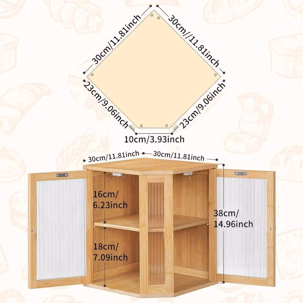 Kelvenix 2-Tier Brown Bamboo and Acrylic Corner Bread Box for Kitchen Counters – 2