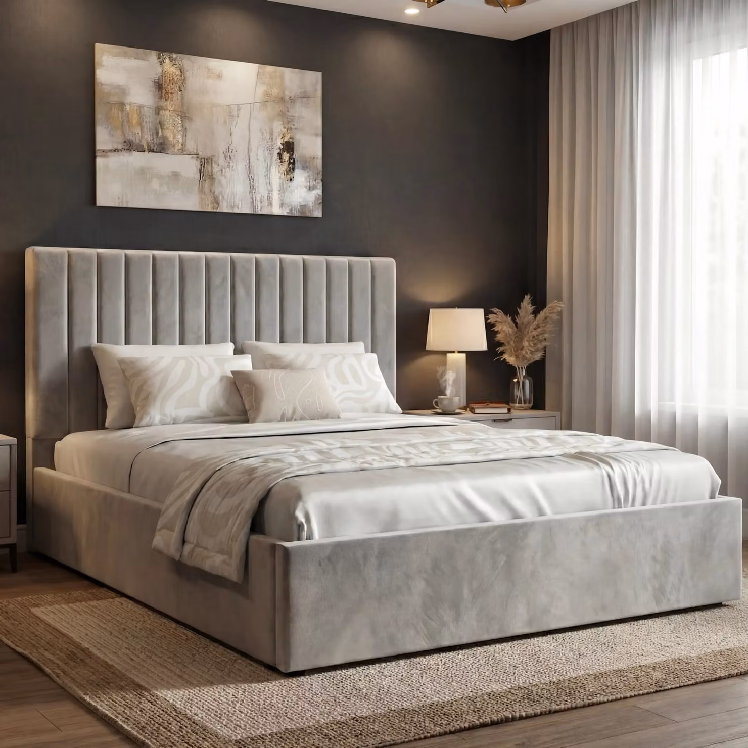 DHS Vertical Line Velvet Ottoman Storage Bed Frame in Light Grey, King Size (180 x 200 cm)