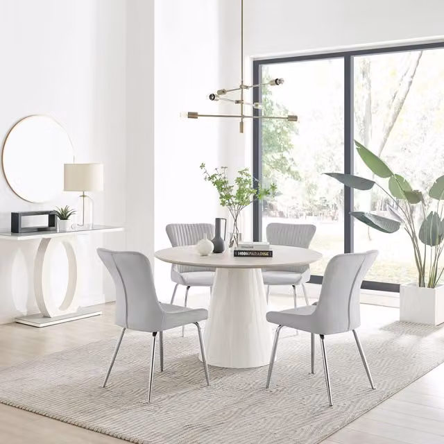 Furniturebox Palma Beige Stone Effect Round Dining Table and 4 Nora Silver Leg Chairs in Light Grey