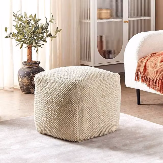 Wyld and Coco Beige Bouclé Cotton Cube Pouffe W/D/H: 45 x 45 x 45 cm – 1