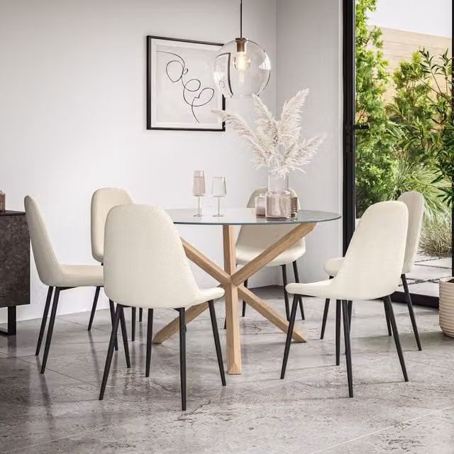 More4Homes Malvern Round Dining Table and 6 Maya Boucle Dining Chairs Set, Clear Glass Top with Solid Oak Legs, Ivory – 1