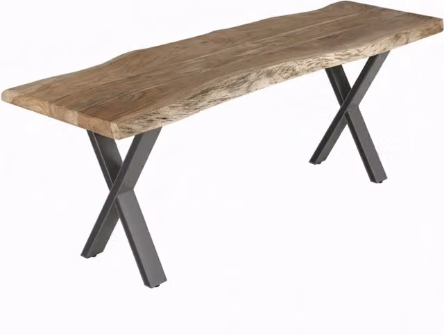 IH Design Acacia Live Edge Dining Bench with X Shape Grey Metal Legs, Tan/Brown, Width: 125 cm