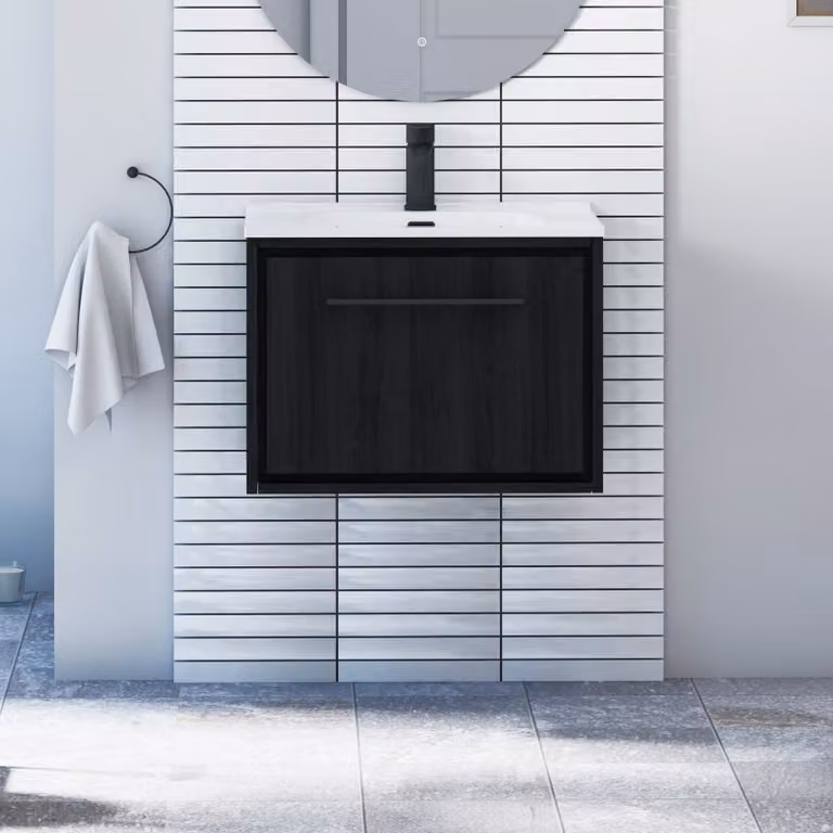 Royal Bathrooms Livora 600mm Black Woodgrain Wall Hung Vanity Unit with 1 Drawer, Ceramic Basin and Matt Black Handle