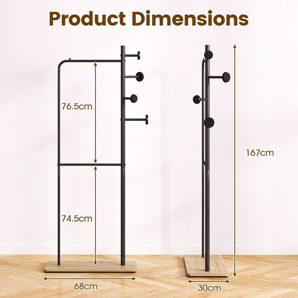 Gymax Freestanding 2 Rod Clothes Hanging Rack and Organiser with Shelf in Black – 2