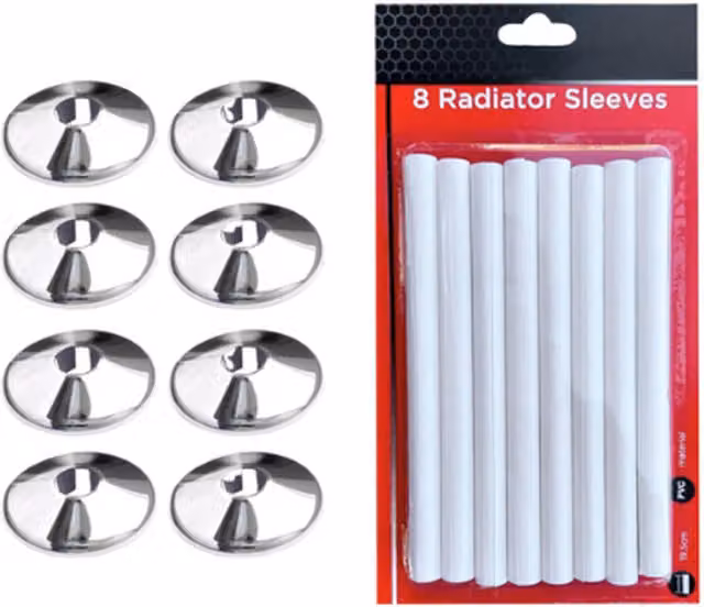 Marco Paul 16-piece radiator pipe collars and covers in white and chrome