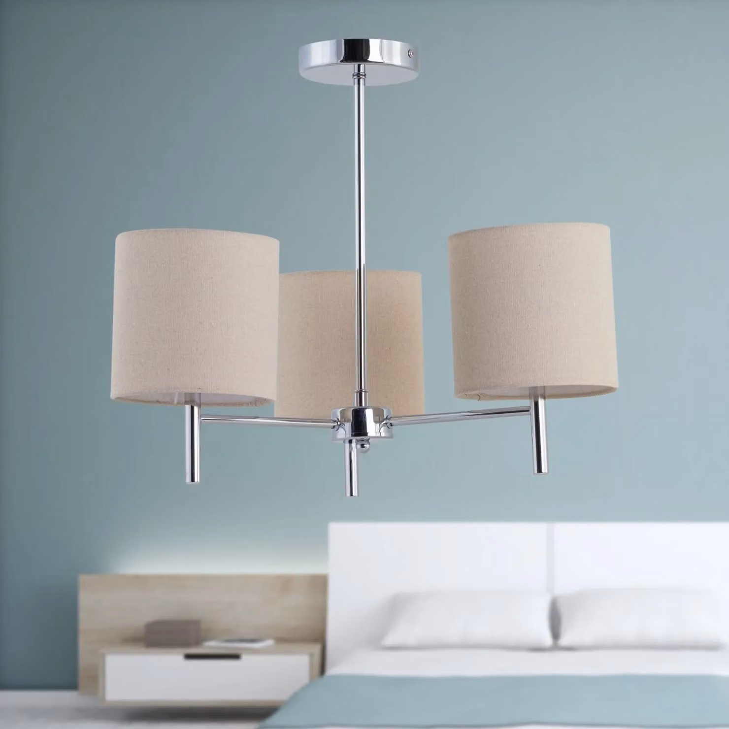First Choice Lighting Brea Set of 2 Chrome 3-Light Ceiling Fittings with Silver Fabric Shades – 2