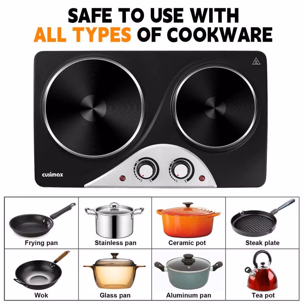 Cusimax Silver Double Cast Iron Hot Plate with Indicator Lights, 2500W, Black – 4