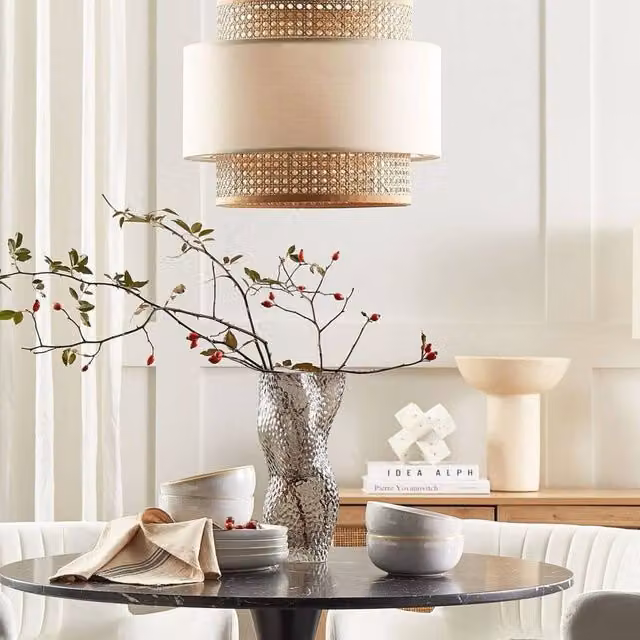 Wyld and Coco Double-Shade Pendant Lamp in Beige Rattan and Fabric with Gold/Brass Accents