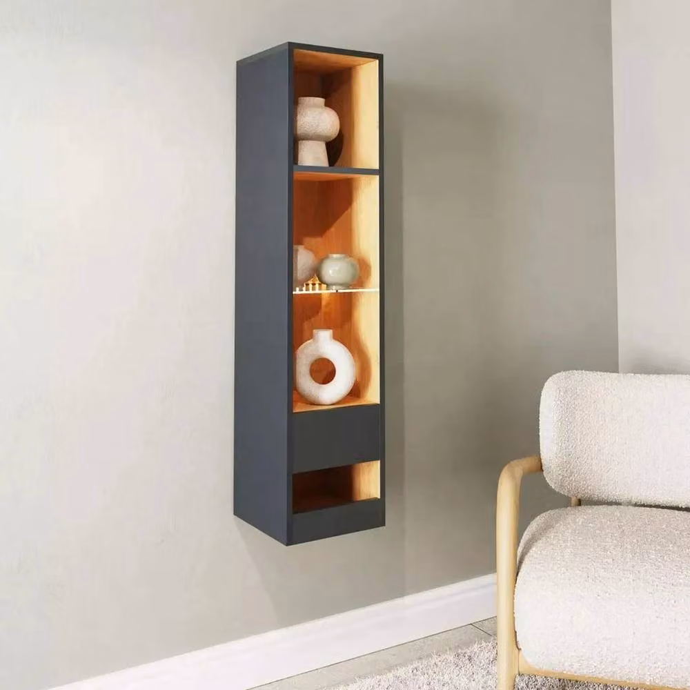 FORGEVIO Tall Wall Mounted Display Shelf Unit with Integrated LED in Anthracite Oak Grey – 3