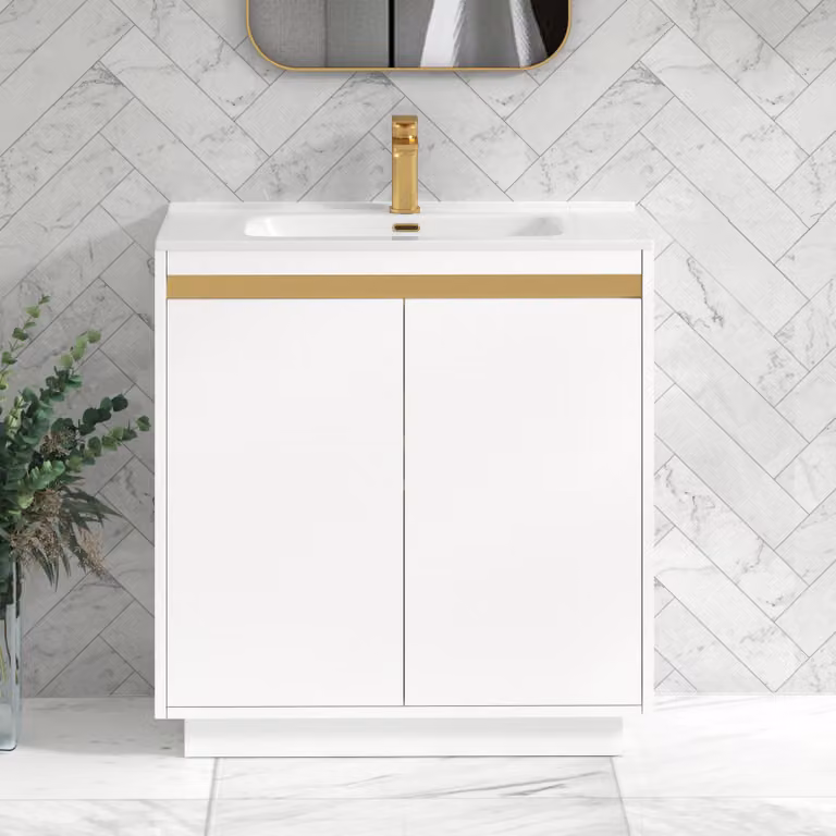 Royal Bathrooms Orion 800mm Matt White 2 Door Floor Standing Vanity Unit with Ceramic Basin and Brushed Brass Accent Trim